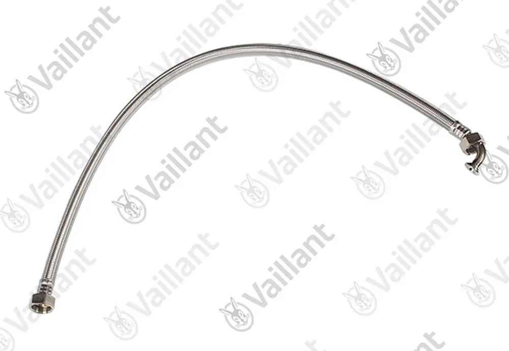 Metallischer Schlauch mit gebogenem Ende, geeignet für Heizungs- oder Sanitärinstallationen, mit Vaillant-Logo auf der Oberfläche.